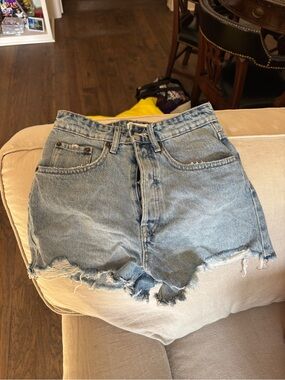 Zara Light Blue Distressed High-Waist Denim Shorts